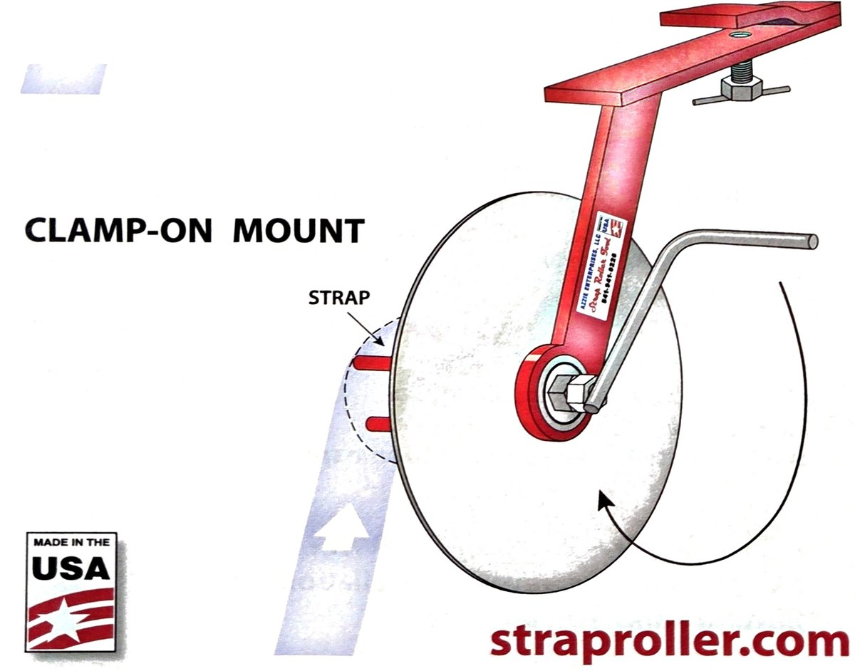 Illustration of the assembled Clamp-On Mount Strap Roller with the strap path and the handle rotation arrow